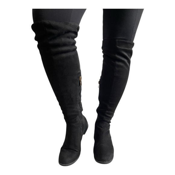 Women’s Black Over The Knee Boots Faux Suede Thigh High Low Heel Shoes Size 6 - Picture 4 of 9